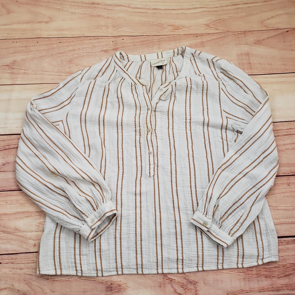 Universal Thread Shirt Womens Large White Brown Striped Button Pullover Top‎ *